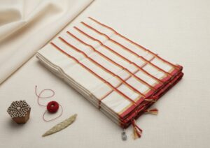 Traditional Handloom Off-White Saree with Red & Gold Stripes