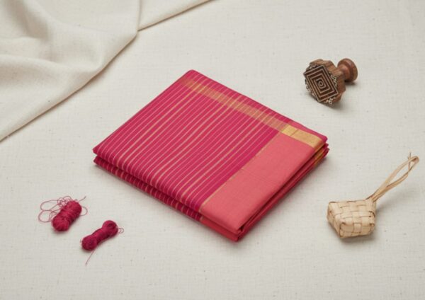 Handloom Pink Saree with Golden Stripes